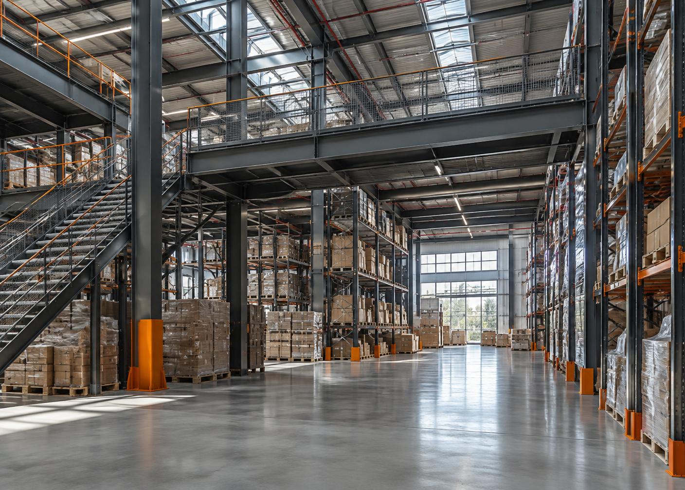 Steel mezzanine and warehouse storage infrastructure